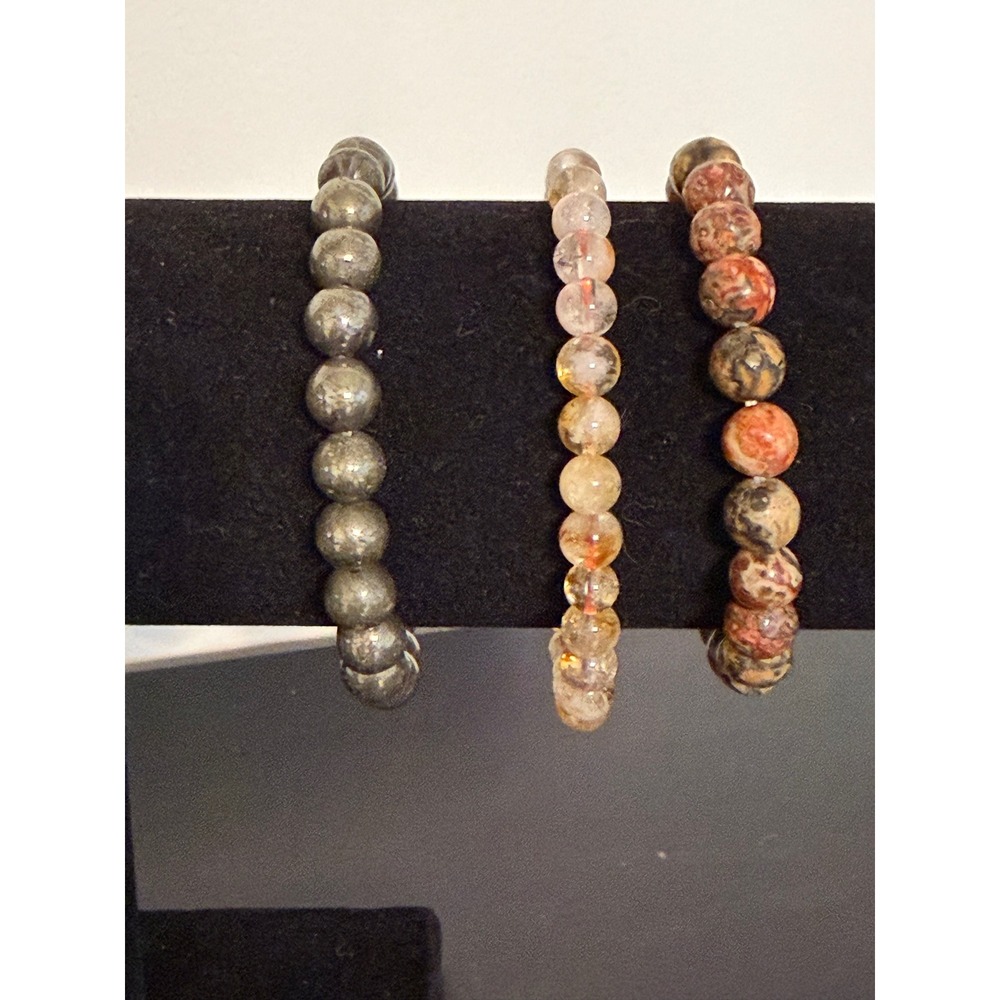 Natural Gemstone Bead Bracelet Set Pyrite‎ Jasper Rutilated Quartz Stretch 3pc